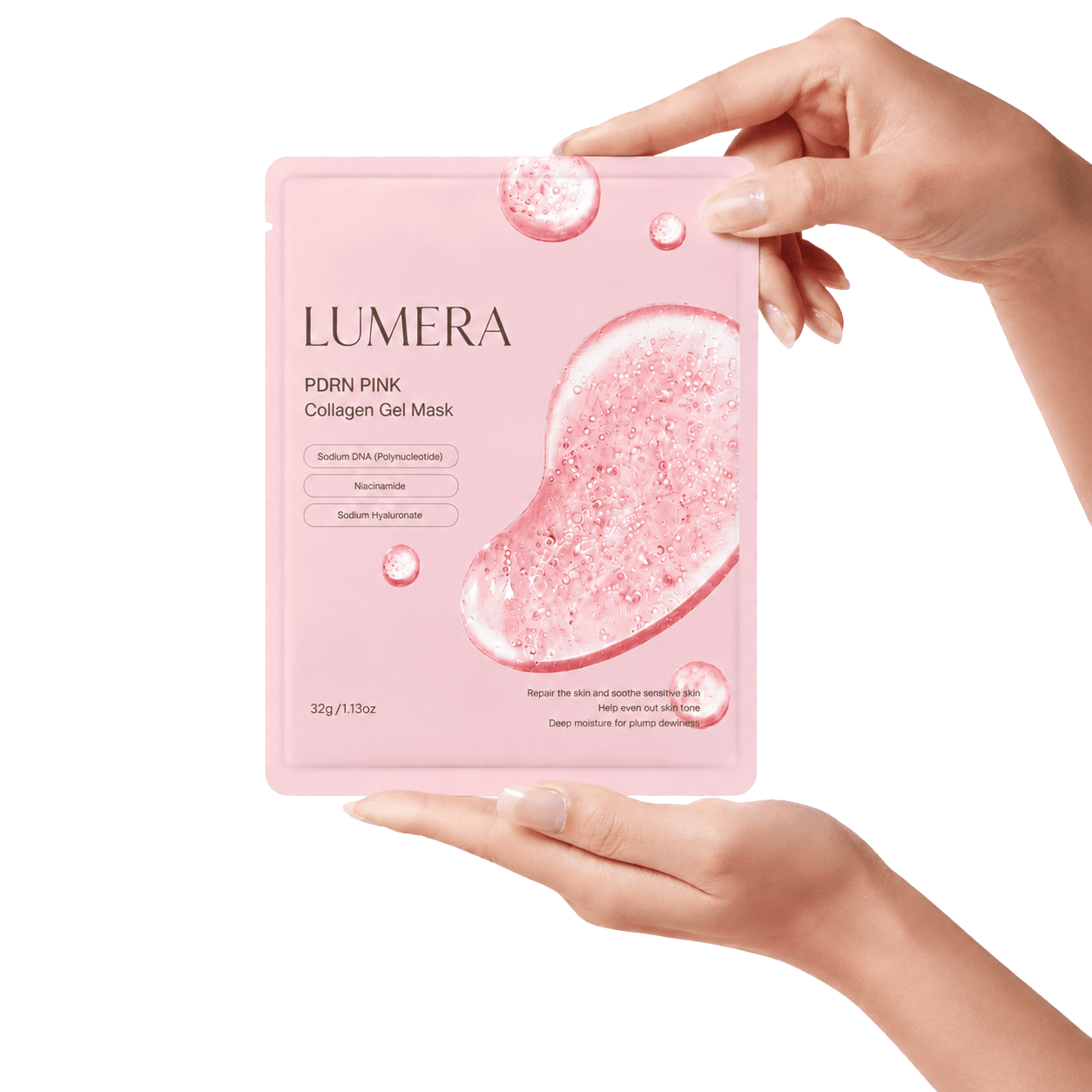 LUMERA PDRN Pink Collagen Gel Mask — doboz, tasak és hidrogél maszk